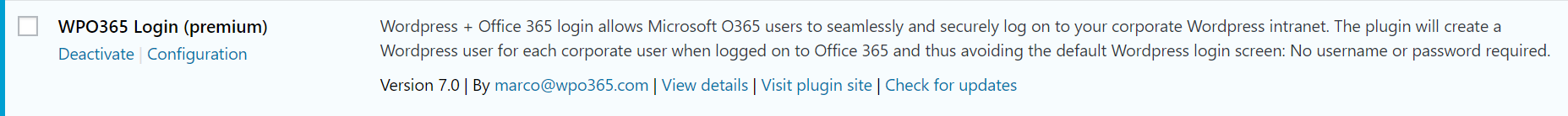 WordPress + Office 365 plugin action link