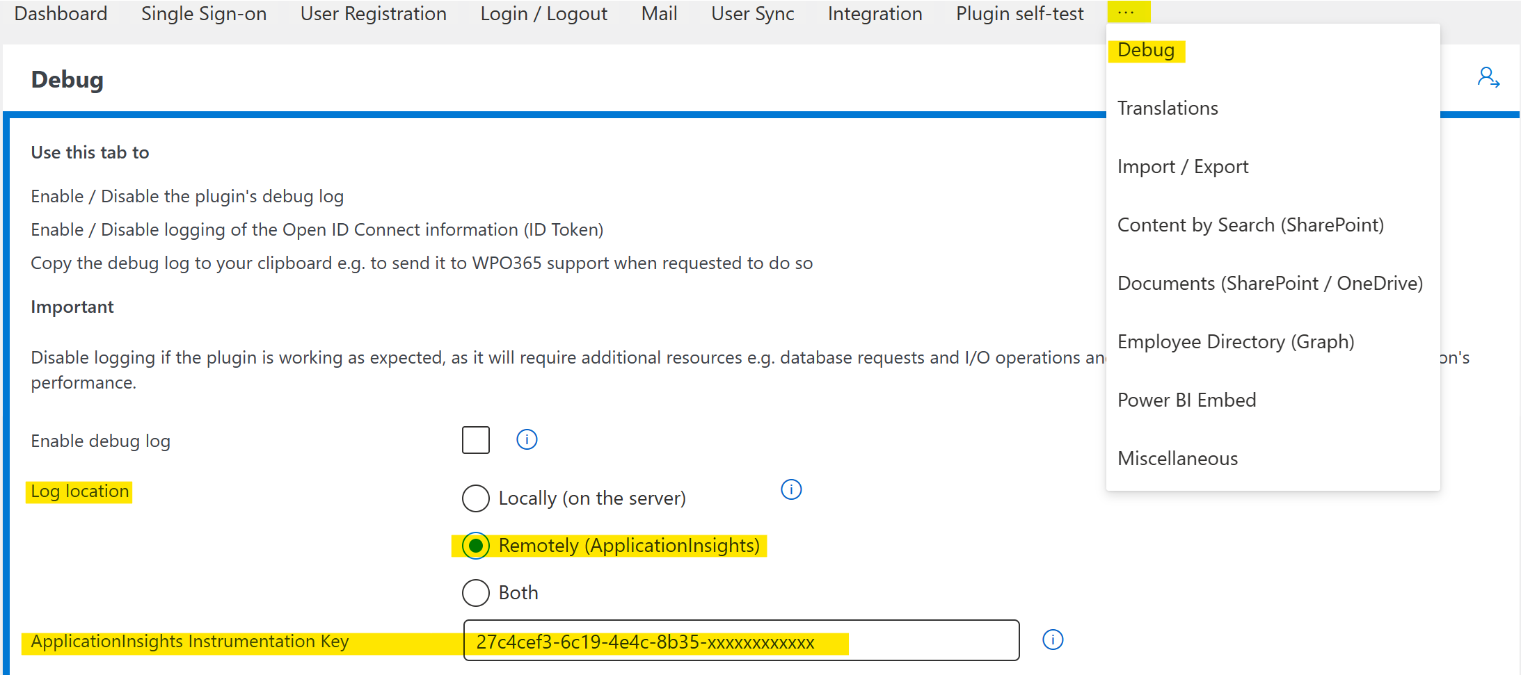 Adding the Instrumentation Key to the WPO365 | LOGIN Debug configuration.