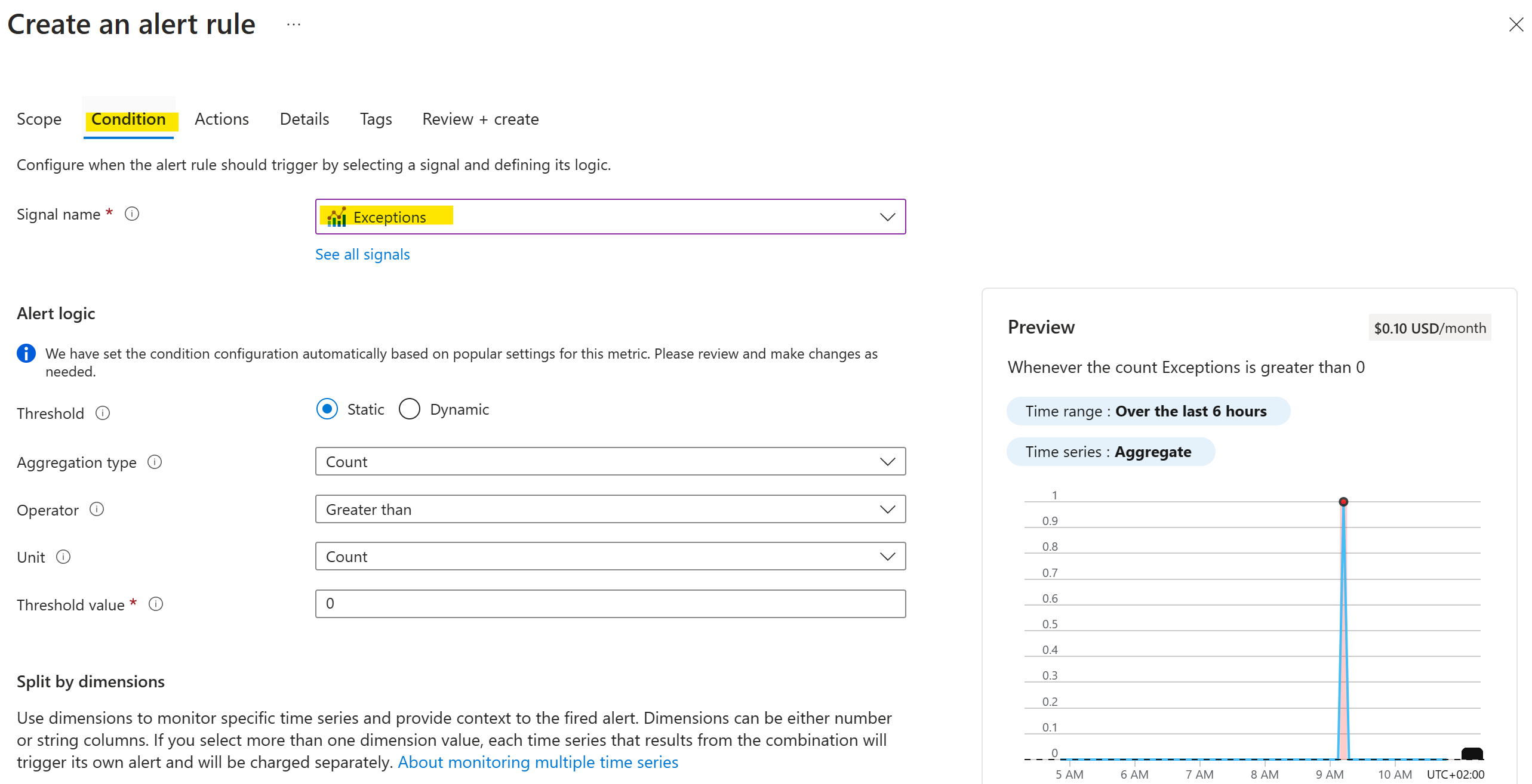 Specify the Condition when the Alert rule should trigger.