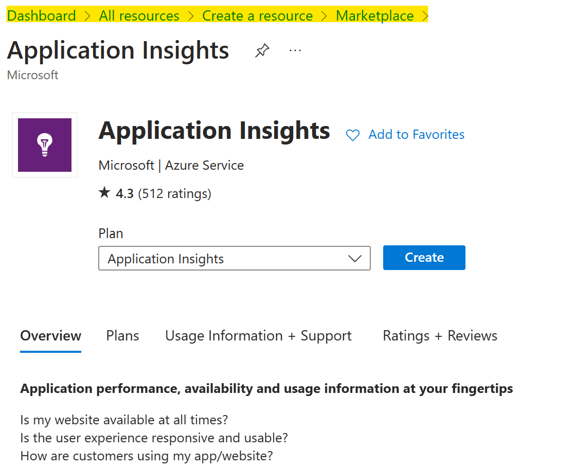 Create an Application Insights resource in Azure Portal.