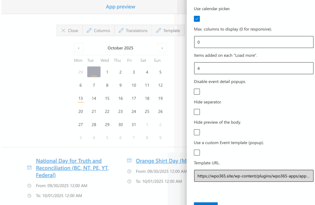 Embed an Outlook / Exchange Calendar in WordPress - Date picker with event cards.