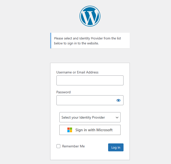 Identity Provider selection with "Sign in with Microsoft" button when Azure AD based SSO is enabled for WordPress users and multiple IdPs are configured