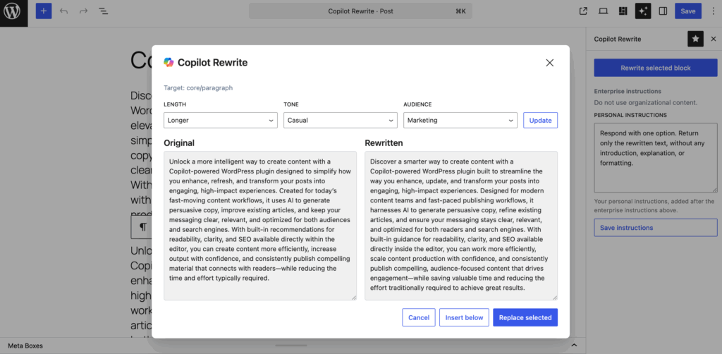 Copilot Rewrite for WordPress - Screenshot