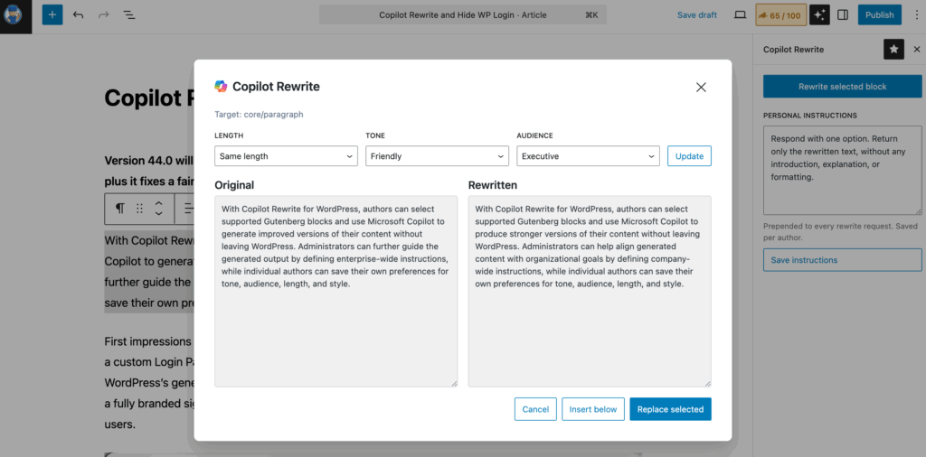 Copilot Rewrite for WordPress